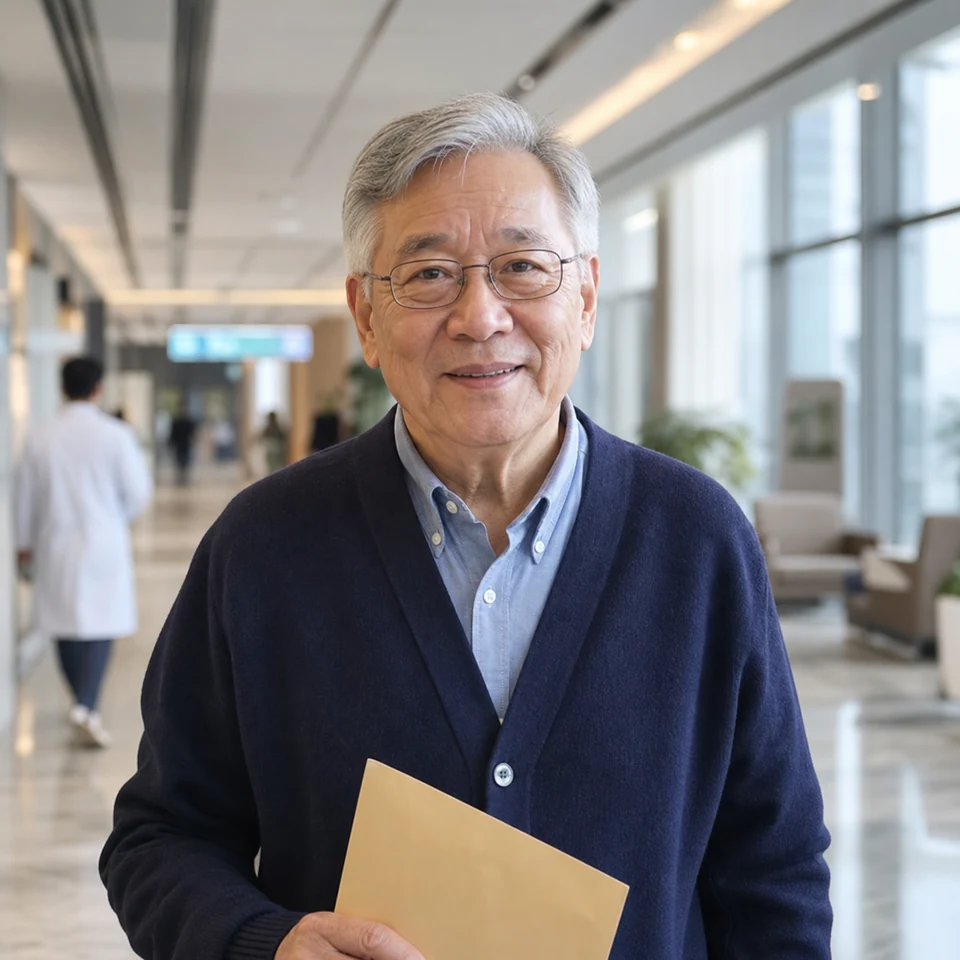 Fictional older overseas Chinese patient in a hospital corridor